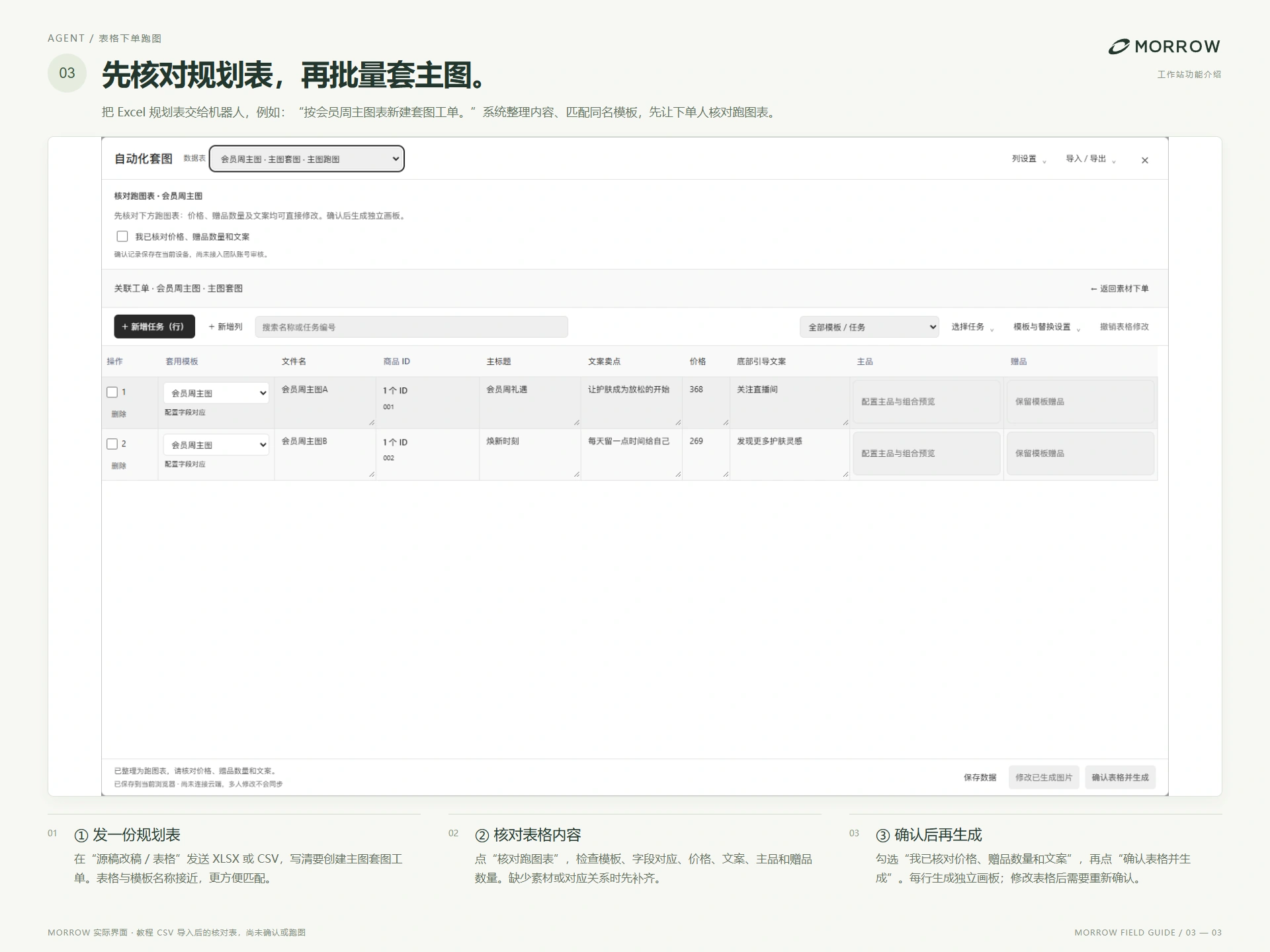 Agent 机器人：表格下单跑图，导入规划表与匹配模板、检查字段、价格及素材、确认后按行生成画板