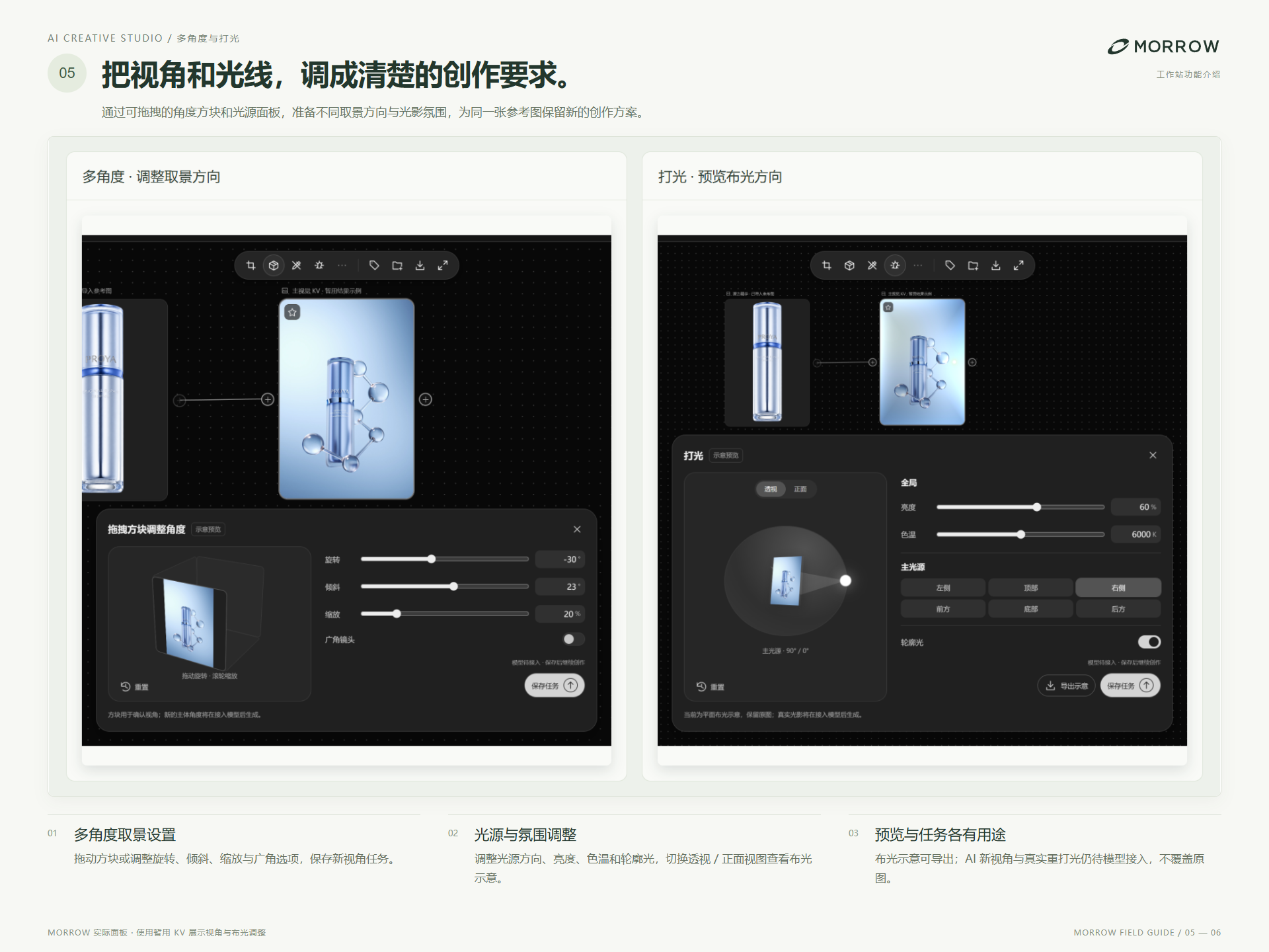 AI 创作多角度与打光面板：视角方块、旋转与倾斜设置，以及亮度、色温、光源方向预览