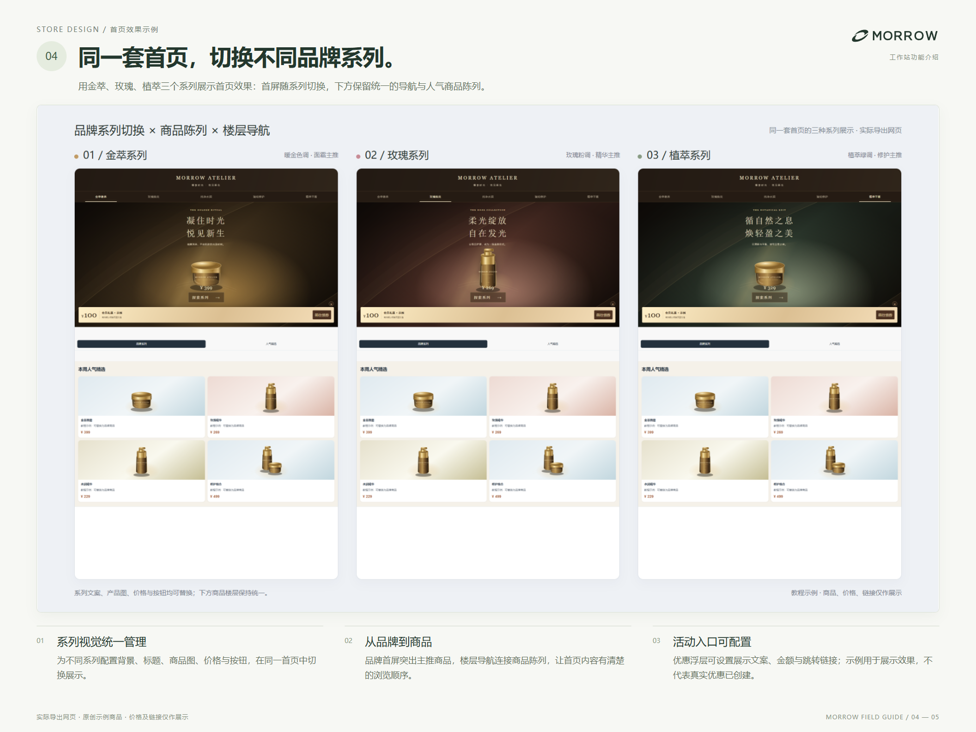 同一套店铺首页的金萃、玫瑰与植萃三种系列效果，统一导航及商品陈列